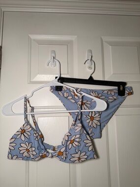 Daisy Print Light Blue Tie-Front Bikini Set